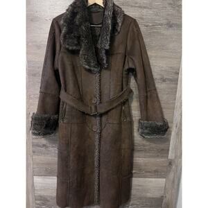Penny Lane Coat Sz Large Colar Fur Vintage suede boho tribal Brown long trench